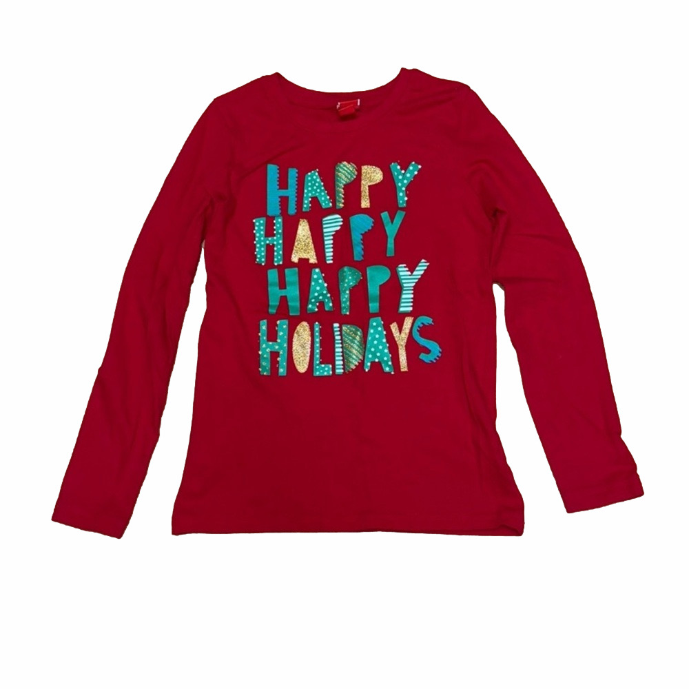 Girls M 7 8 Happy Happy Happy Holidays Christmas Graphic Long Sleeve Tee